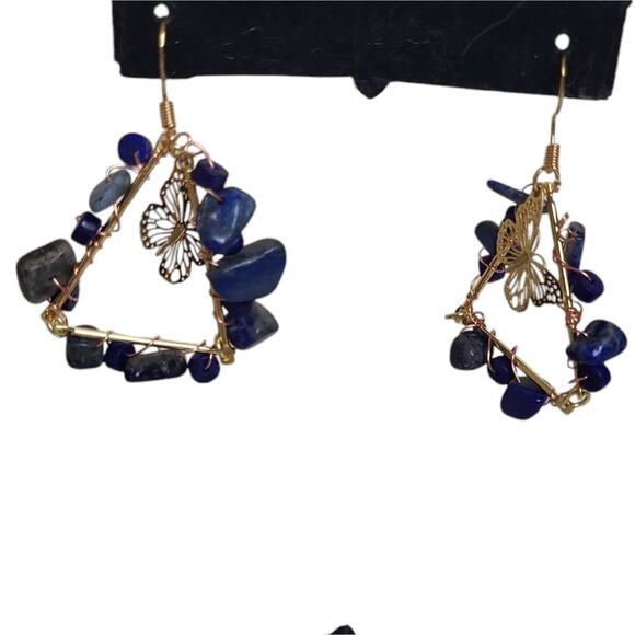 14k Gold Plated lapis lazuli Butterfly Triangle Earrings - Picture 3 of 3